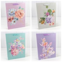 Пакет подарочный с блёстками "Цветы акварель" (микс) 30*41,5*12 210г 1/20 1/80 Арт: 000197A