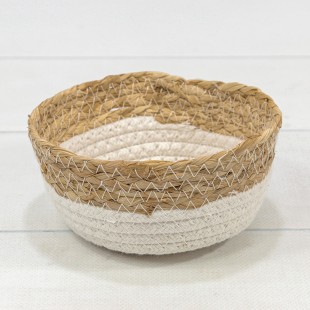 Корзина плетёная Круглая 15*7 (±5%) из камыша и хлопка (78) Натуральный/Белый 1/120 Арт: 420167/78