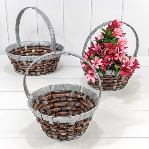 Корзины плетёные Круглые Набор 1/3 25*10/27 (±5%) из пластика с ручкой Серый/Коричневый 1/20 Арт: 420178/2117