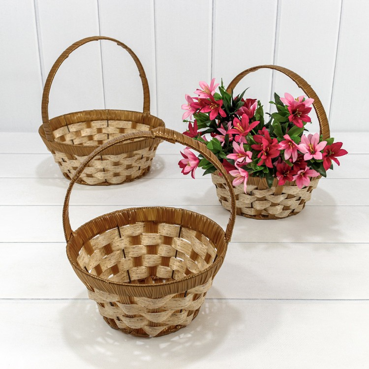 Корзины плетёные Круглые Набор 1/3 25*10/27 (±5%) из пластика с ручкой Бронзовый/Бежевый 1/20 Арт: 420178/2116