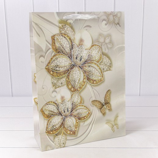 Пакет подарочный с блёстками "Цветы" (микс 202) 32*45*12 230г 1/20 1/120 Арт: 000202A